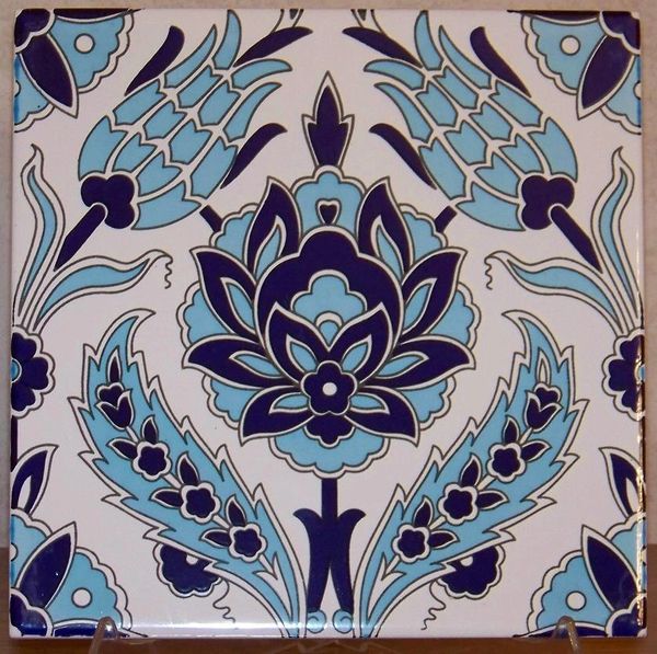 Turkish Iznik Blue Carnation & Tulip Pattern 8"x8" Ceramic Tile