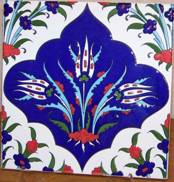 Turkish 8"x8" Iznik Tulip & Floral Pattern Ceramic Tile