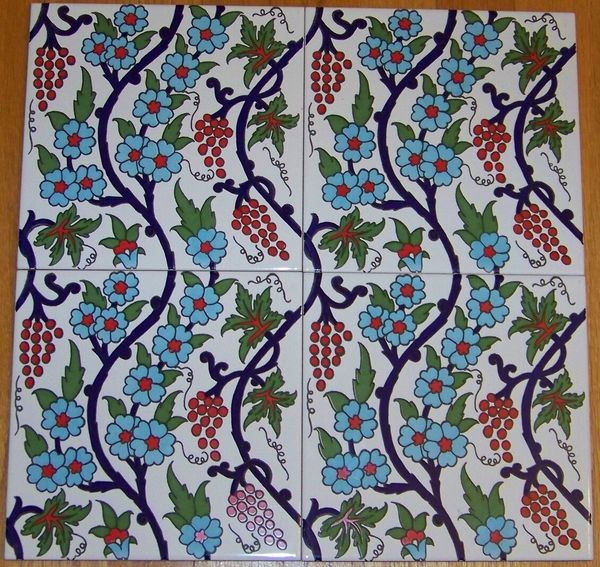 8"x8" Turkish Iznik Grape & Floral Pattern Ceramic Tile