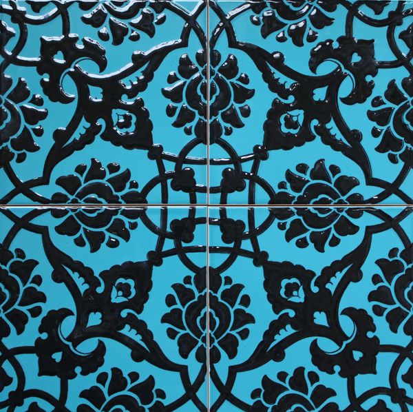 Set of 4 8"x8" Turkish Turquiose & Black Iznik Floral Pattern Ceramic Tile