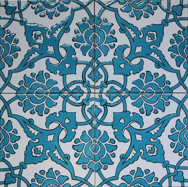 Seljuck/Iznik Raised Floral & Geometric Pattern 8"x8" Turkish Ceramic Tile 