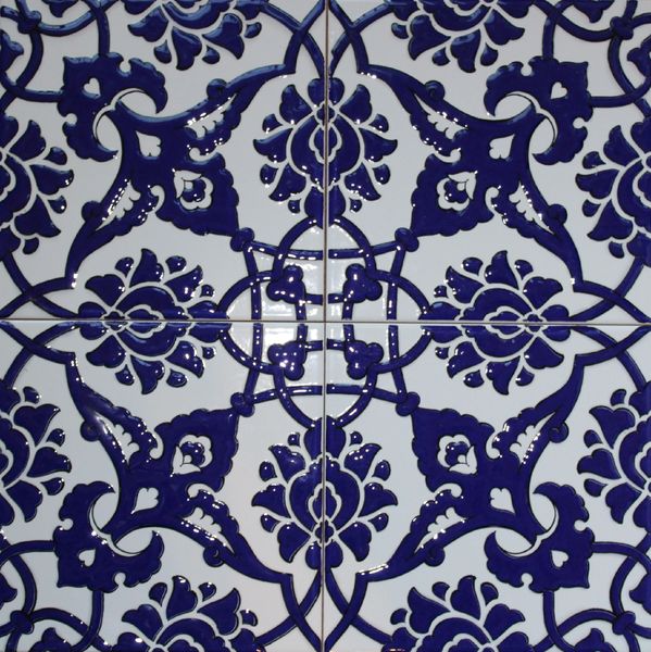 Set of 4 8"x8" Turkish Cobalt Blue Iznik Carnation & Floral Pattern Ceramic Tile