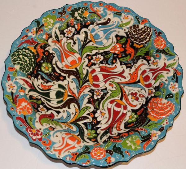 12" Green & Blue Raised Turkish Hand-made Iznik Tulip Pattern Ceramic Plate