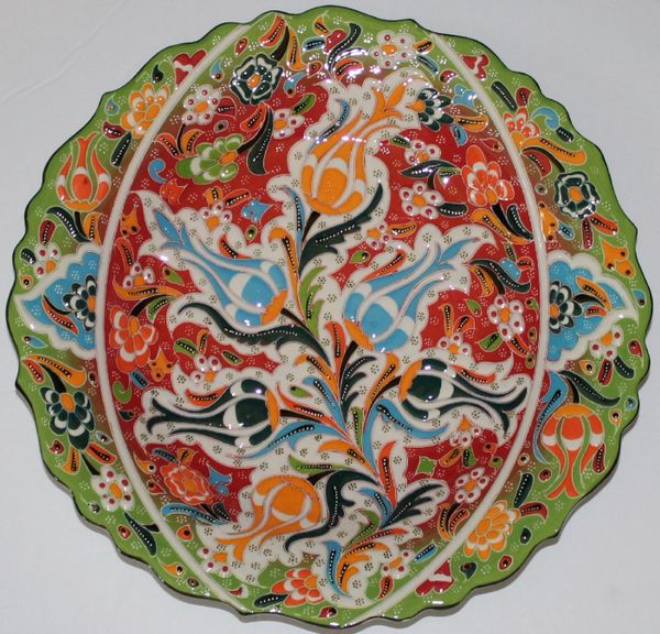 12" Green & Red Raised Turkish Hand-made Iznik Tulip Pattern Ceramic Plate