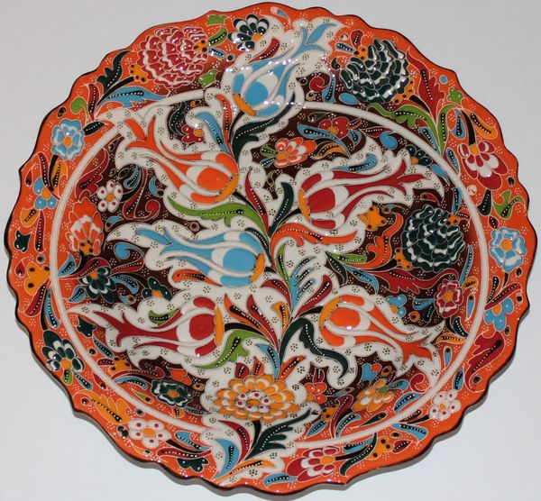 12" Orange& Brown Raised Turkish Hand-made Iznik Floral Pattern Ceramic Plate