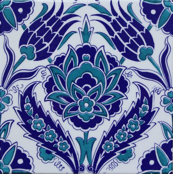 Turkish Iznik Blue Carnation & Tulip Pattern 8"x8" Ceramic Tile