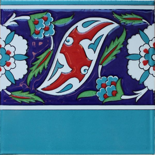8"x8" Turkish Iznik Floral Pattern Ceramic Border Tile