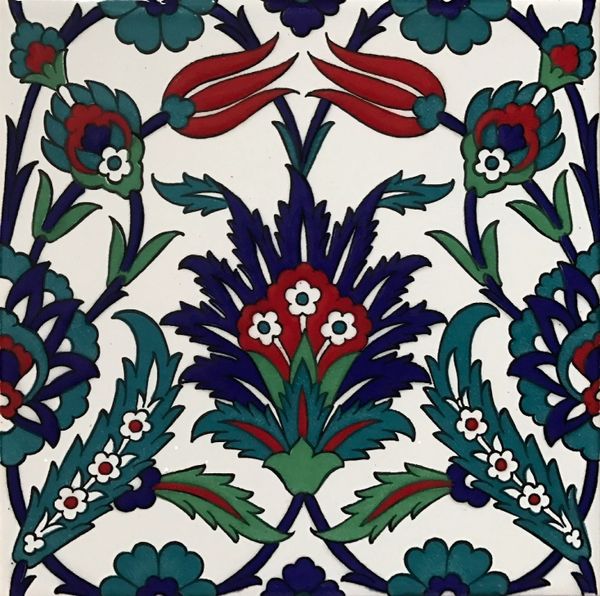 Turkish 8"x8" Iznik Carnation & Tulip Pattern Ceramic Tile