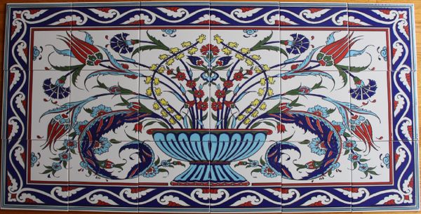 47"x24" Turkish Hand-painted Iznik Tulip & Floral Pattern Ceramic Tile Mural Panel
