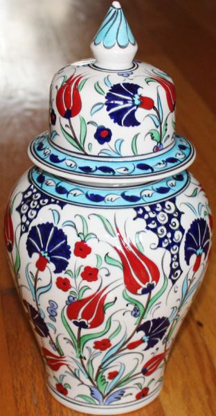 12"x6" Handpainted Turkish Iznik Tulip & Carnation Pattern Cini Jar Urn Canister