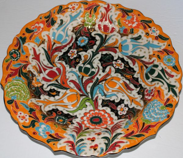 12" Orange & Black Raised Turkish Hand-made Iznik Tulip Pattern Ceramic Plate