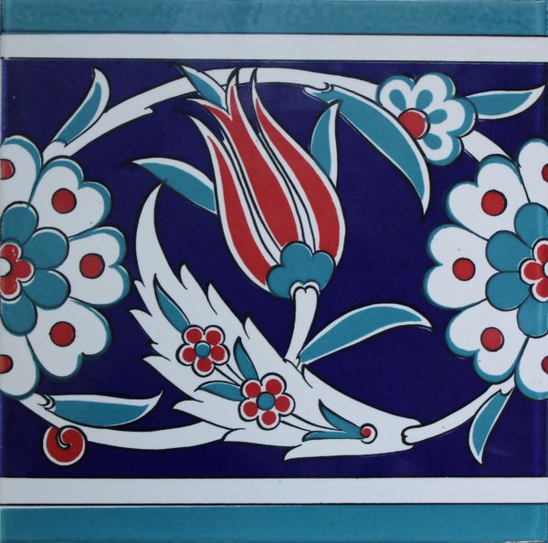 8"x8" Turkish Iznik Tulip, Daisy & Floral Pattern Ceramic Border Tile