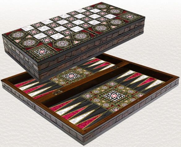 19" Floral Mother of Pearl Pattern Compressed Wood Checkers Backgammon Set 