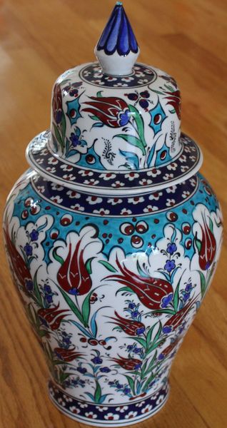 15"x7" Handpainted Turkish Iznik Tulip & Cintemani Pattern Cini Jar Urn Canister