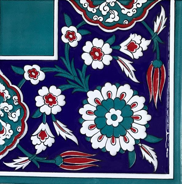 8"x8" Turkish Raised Iznik Floral Pattern Ceramic Corner Tile