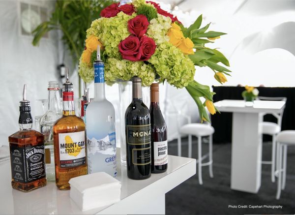 bar set up with flower arrangement