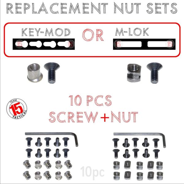 KeyMod Nut Set or M-LOK Nut Set - Replacement / Spare Nut & Screw Set - 10 PACK