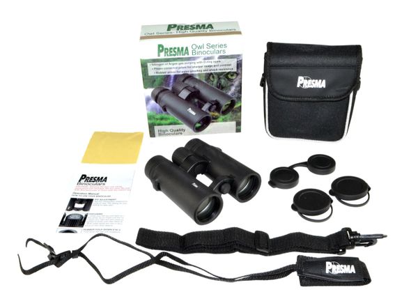 PRESMA 10x34 Roof Prism Binoculars w/ Clear Glass, Carry Case, Caps, Straps