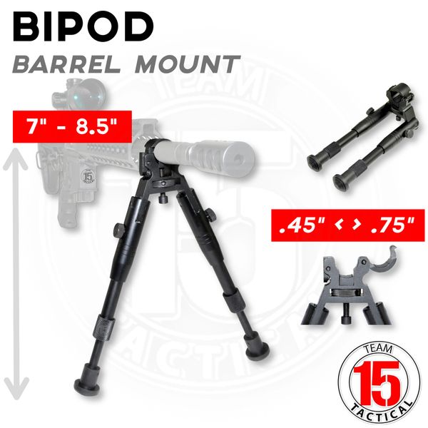 AR-15 Barrel Clamp Bipod, Aluminum, Folding fits 0.45" to 0.750" Barrels, Height Adjustable 7" to 8.25" (BP04)