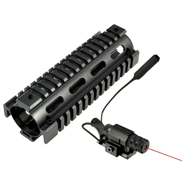 6.7" MQRSL Carbine Length 2 Piece Drop In Handguard Quad Rail for AR15, .223 with Rail Mount Red Laser + Remote Pressure Switch