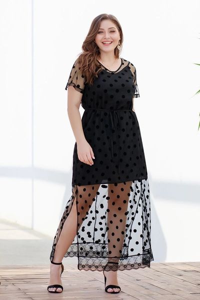 Plus Size Sheer Black Polka Dot Dress