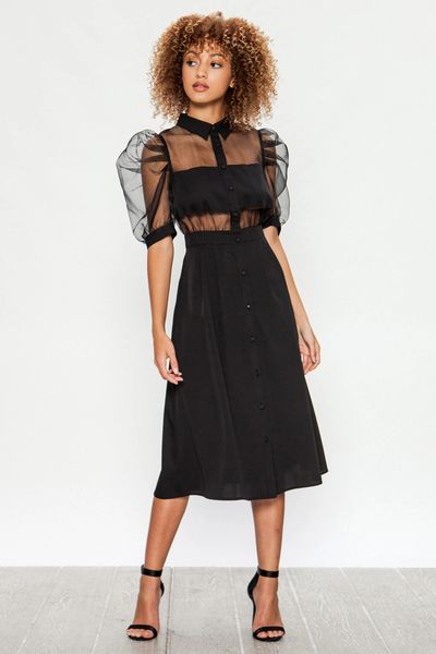 Black Sheer Puff Sleeve Dress