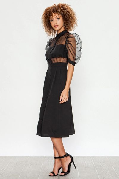 Black Sheer Puff Sleeve Dress