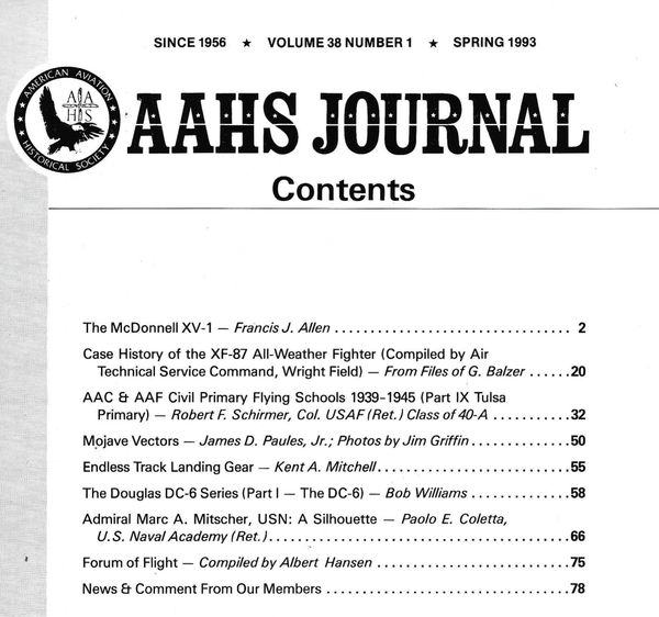 AAHS JOURNAL, AMERICAN AVIATION HISTORICAL SOCIETY, VOL. 38, NO. 1