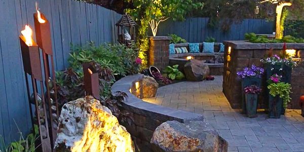 Landscaping and design with fire features and landscape lighting