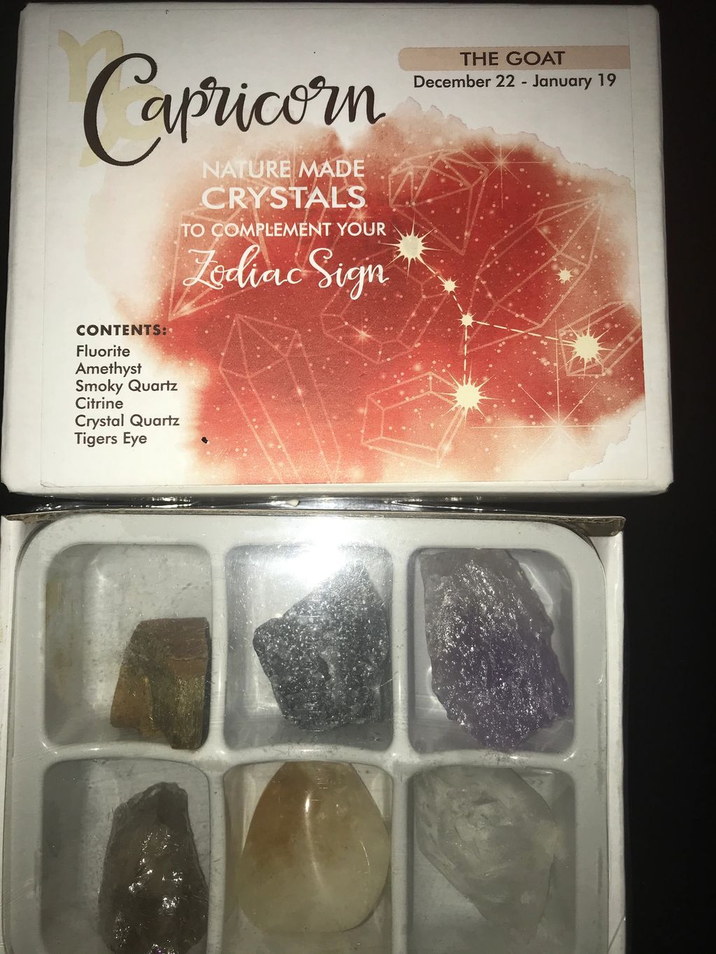 Capricorn  Crystal Healing Kit
Fluorite
Amethyst
Smoky Quartz
Citrine
Crystal Quartz
Tiger Eye