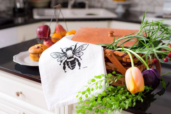 Bumble Bees and Clover Tea Towels, Floral and Bee Dish Towels