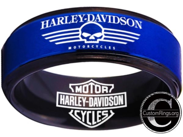 Harley Davidson Ring Men's Ring 8mm Blue and Black Wedding Ring # ...