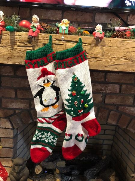 Hand Knit Christmas Stocking Penguin With Lights and Christmas