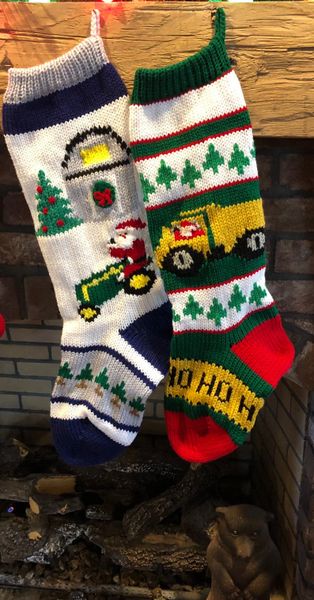 Hand Knit Christmas Stockings Santa on Tractor and Dump Truck