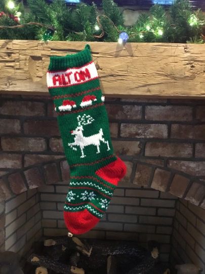 Hand Knit Green or Red Reindeer Stocking