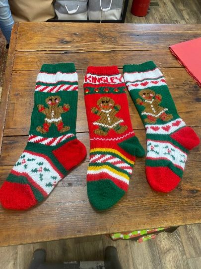 Hand Knit Gingerbread Girl and Boy Stocking