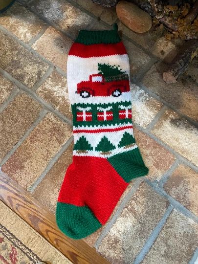 Hand Knit Christmas Stocking with Red Truck and Horse