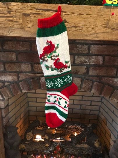 Hand Knit Red Bird Christmas Stocking