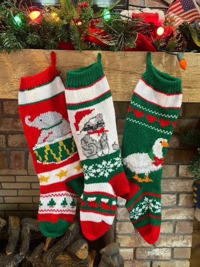 Hand Knit Christmas Stocking Elephant, Cat, and Goose