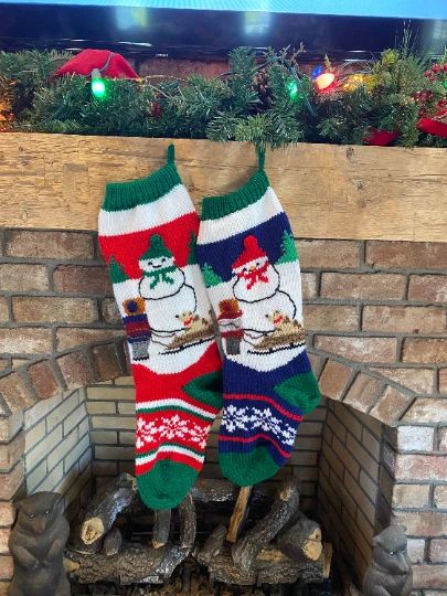 Hand Knit Snowman Sled Scene Stockings