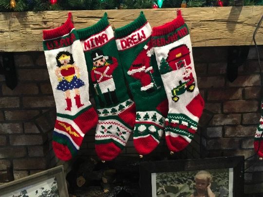 Hand Knit Stocking Wonderful Women, Toy Soldier, Golf Santa, and Santa on Tractor