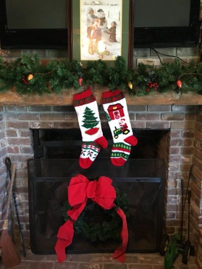 Hand Knit Christmas Tree and Santa on Tractor Stocking