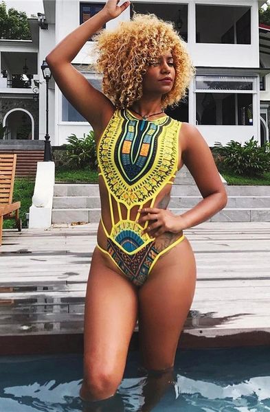 426Y Yellow Sleeveless Print One-piece Swimwear