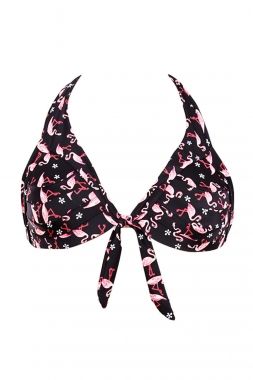 1217 Waterfowl Print Black Retro Tie Front Plus Bikini Top