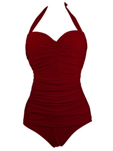 W65X Wine Once Piece Halter Swimsuit