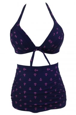 5478 Anchor Print Navy Retro High Waist Swimsuit