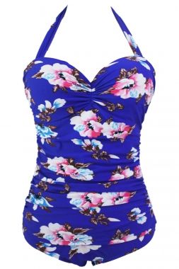 4186 Floral Print Royal Blue Retro One Piece Swimsuit