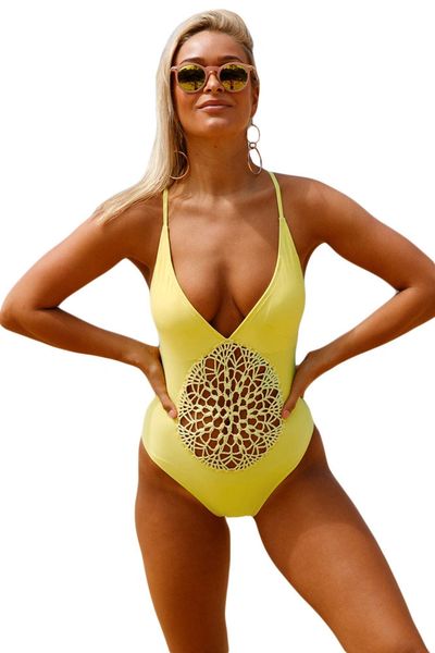 S967 Yellow One Piece Front Detail Swimsuit