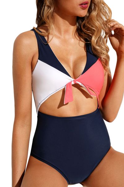 S657 Cutout Tie Knot Front High Waist Maillot Swimsuit