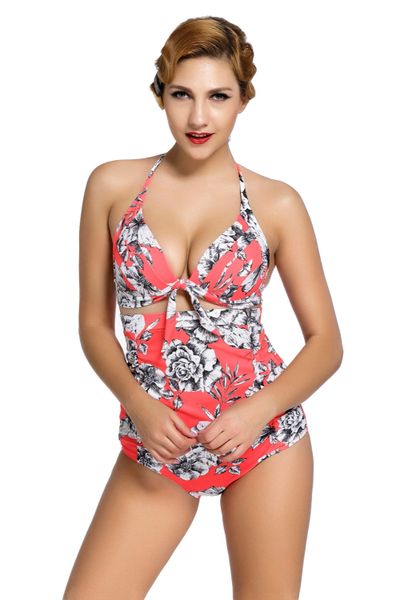 S742 Butterfly and Floral Print Reddish Retro High Waist Swimsuit